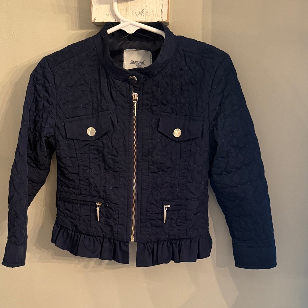 Navy Quilted Kids Jacket with Ruffle Hem